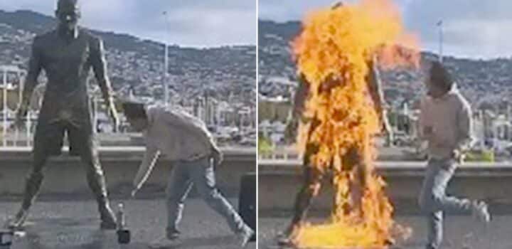 Un homme se filme en train de mettre le feu à la statue de Cristiano Ronaldo au Portugal (Vidéo)